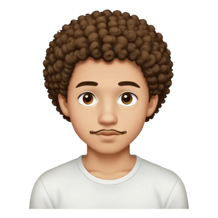 a 17 year old light-skinned boy with slightly brown eyes, small mustache above his lip, very curly hair like a small afro with cut sides, one twisted curl falling on his forehead, wearing a tight white shirt sticker