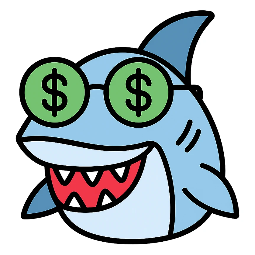 cartoon shark with money glasses, colored icon sticker