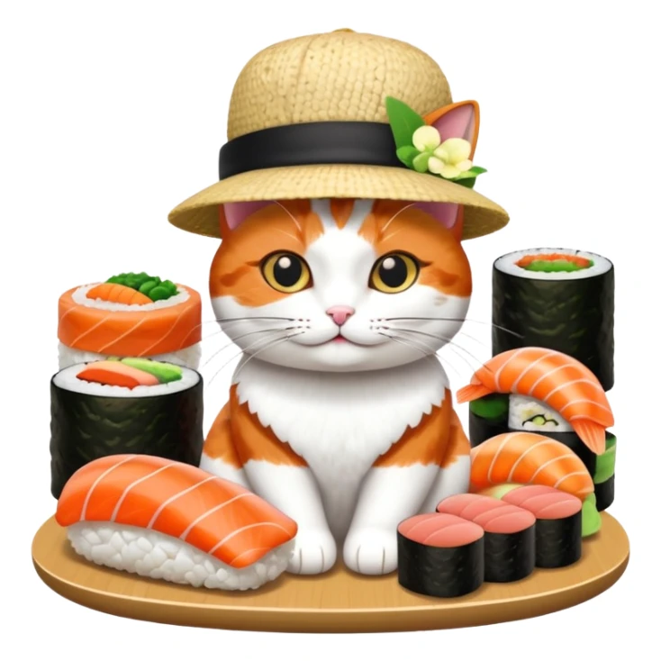 cat wearing a hat made out of sushi sticker