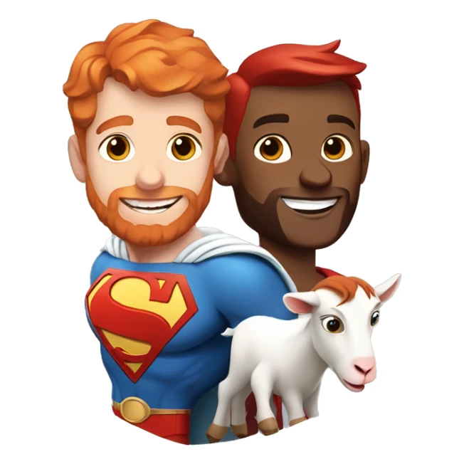 White superman with red hair and red beard flying next to a happy goat.  sticker