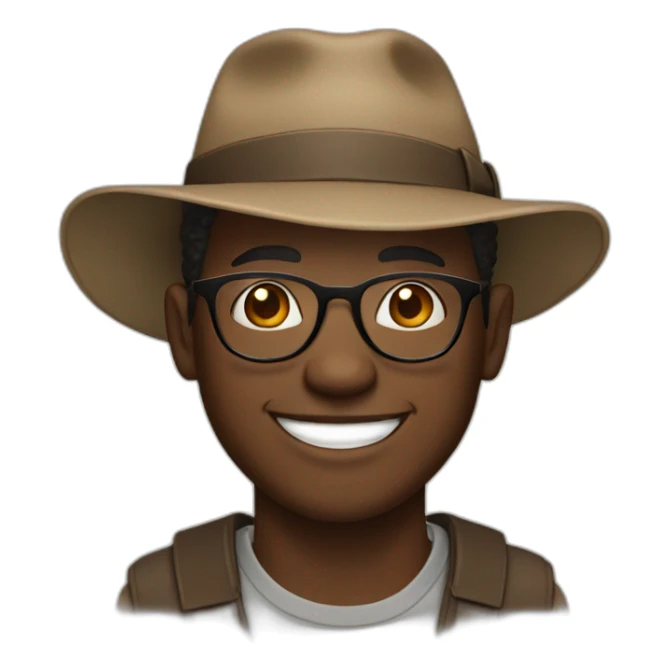 black man with glasses, smiling,wearing a round, brown hat  sticker