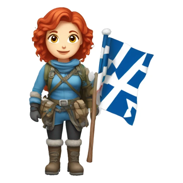 female winter mountaineer red hair holding greek flag and easter egg sticker
