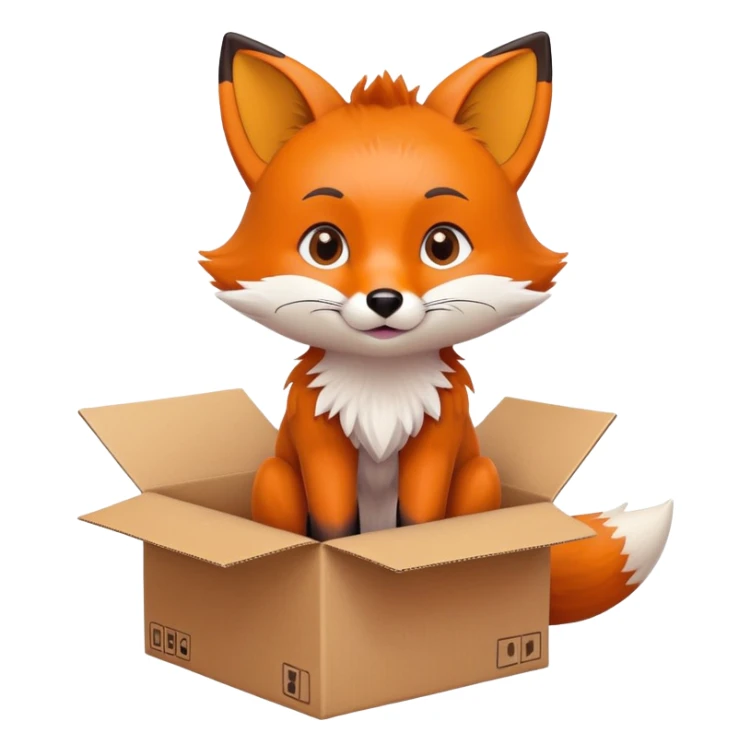 Cute fox sitting in a cardboard box with playful expression, kids toy aesthetic sticker