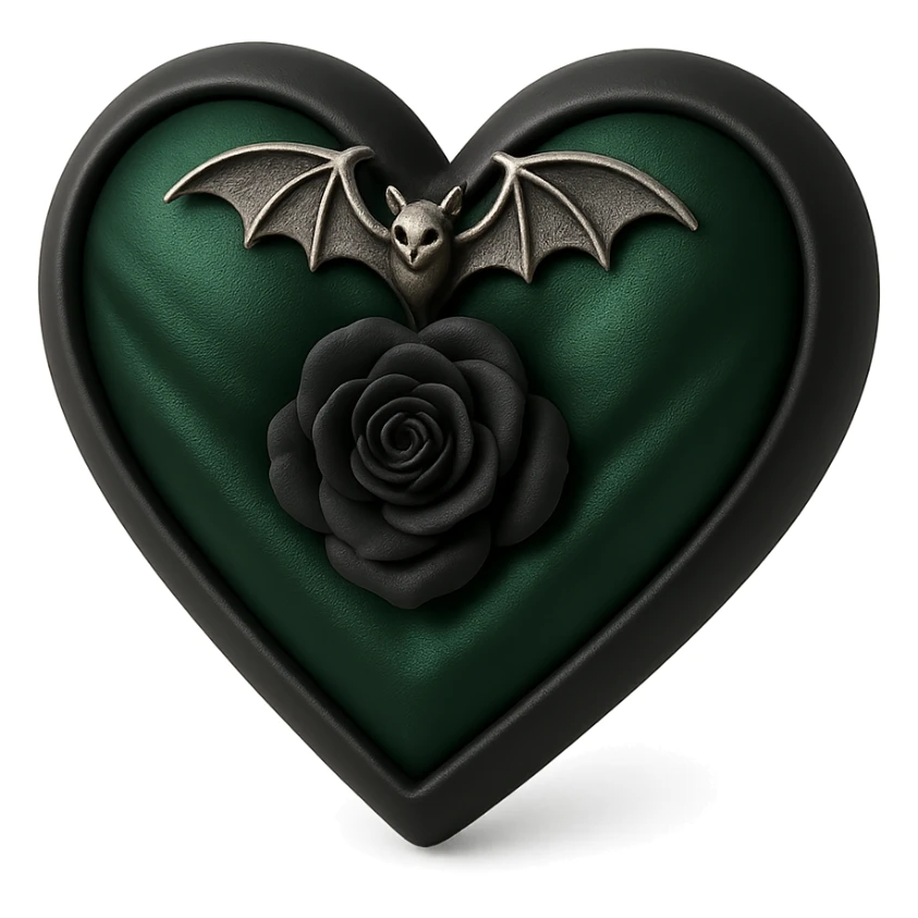 3D black style gothic heart, deep forest green silk texture, silver bat charm, dark rose center, lush and gothic design sticker