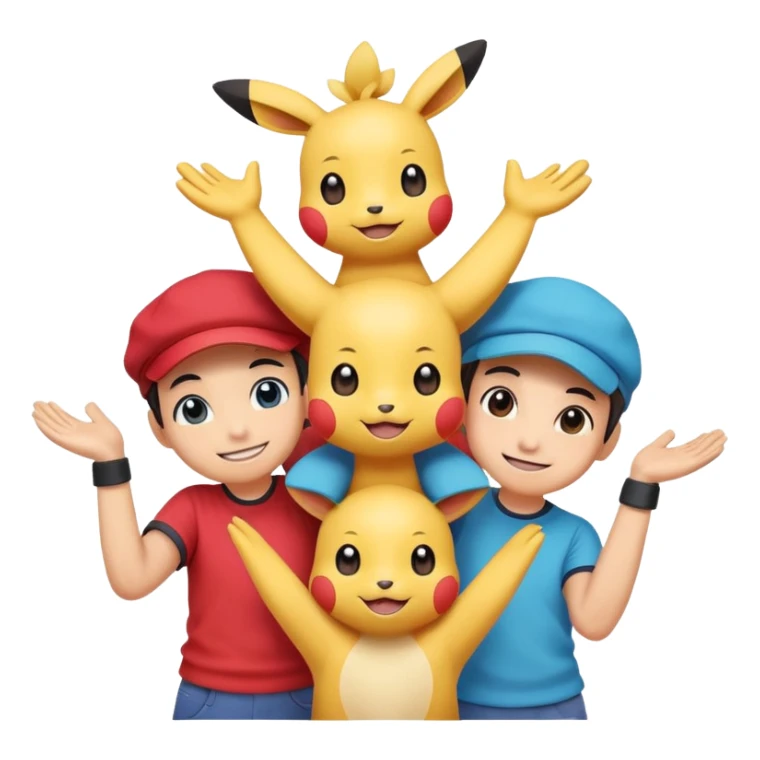 Three Pokémon characters working together as friends — bright, cheerful, and playful. They are helping each other: one is lifting another up, another is offering a hand, and they are all smiling. The style is colorful, cute, and cartoon-like, with a joyful background. sticker
