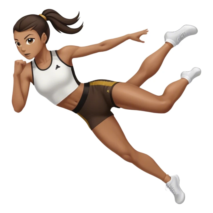 Melanie chisholm with a dark brown high ponytail wearing athletic attire doing a kick sticker