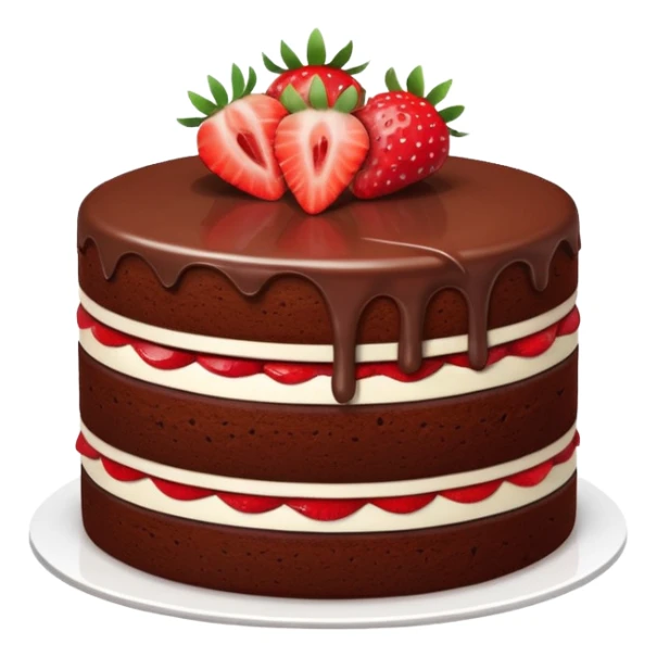 chocolate layer cake with cross-section visible one fresh strawberry on top sticker