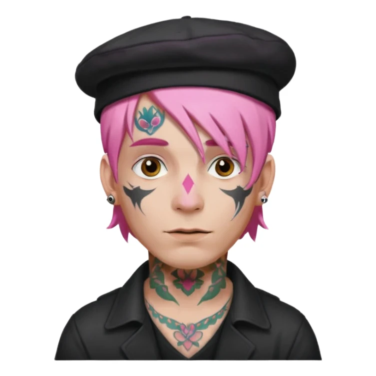 pink haired man and face tattoos and hat sticker