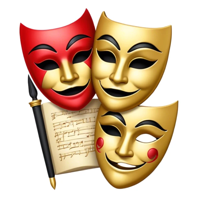 Create a bold and dramatic emoji representing the art of playwriting. The design should feature an open script or a theater playbook, with stylized text lines or dramatic dialogue inside. Include elements like a theatrical comedy and tragedy masks, a stage spotlight, or a quill to symbolize creativity and performance. Use deep, contrasting colors like red, black, and gold to evoke the intensity and passion of drama. The overall design should feel dramatic, inspiring, and artistic. Make the background transparent. sticker