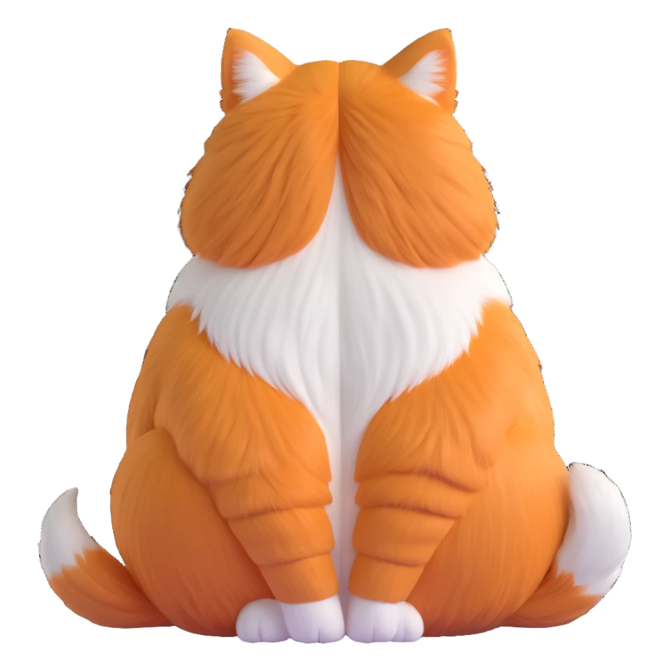 3D iOS style illustration of a fluffy orange and white cat sitting with its back turned, looking grumpy, round and soft with visible orange patches, cute and playful sticker