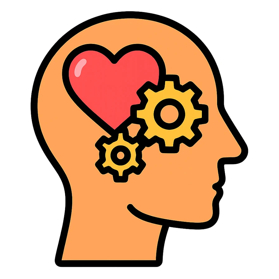 Vector illustration of a human head icon in profile view, with a heart or gears inside the head symbolizing emotional intelligence or cognitive processing. Clean and sharp lines, with subtle realistic shadows and glossy highlights for depth. Flat yet modern vector style. Transparent background sticker