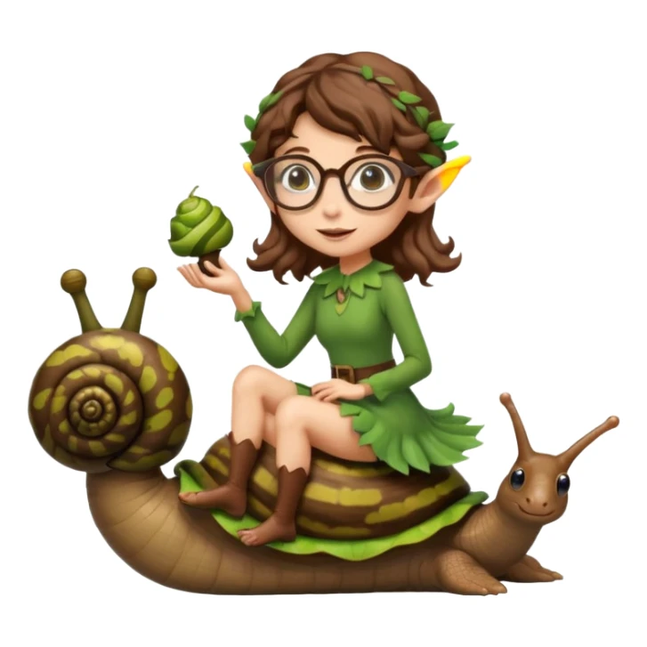 tiny forest elf woman brown wavy hair glasses riding a snail sticker
