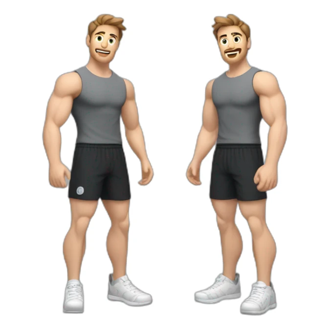Close up Actively gesturing  with hands Pale skinned Fit Man With the biceps and brown hair in dark gray Sleeveless Mike, black oversize sports shorts, watch and white Sneakers sticker