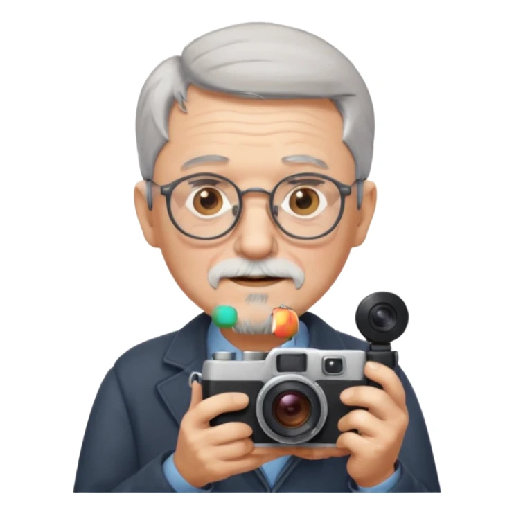 old man with short gray hair, short gray beard, round glasses, holding a camera, Apple emoji style sticker