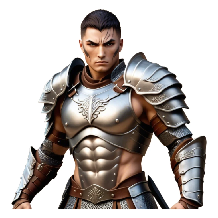 Cinematic Realistic WoW Human Warrior Portrait, captured in a dynamic, battle-ready stance, muscles defined beneath intricately detailed steel armor accented with rich leather. His chiseled visage and determined gaze are rendered with lifelike texture and dynamic natural lighting, high shine, evoking the fierce, relentless spirit of a human warrior in the midst of combat. sticker