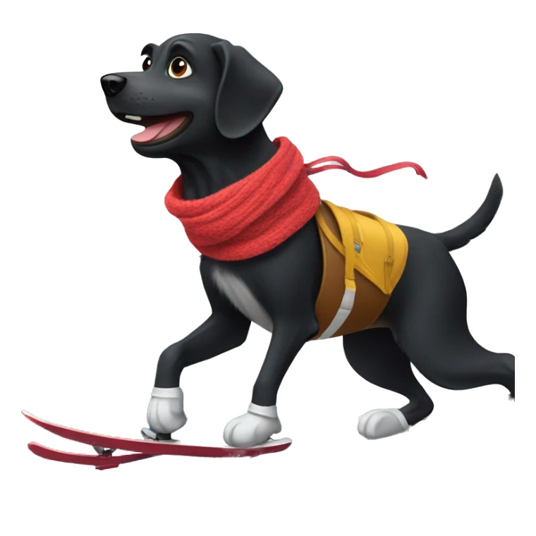 Black dog skiing down a mountain with a scarf and helmet sticker