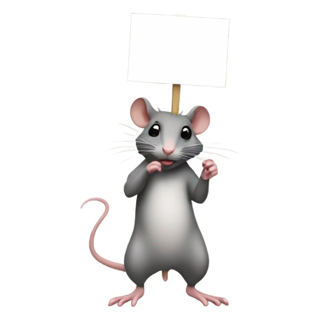 RAT, stands with its right side turned, holds a blank sign sticker