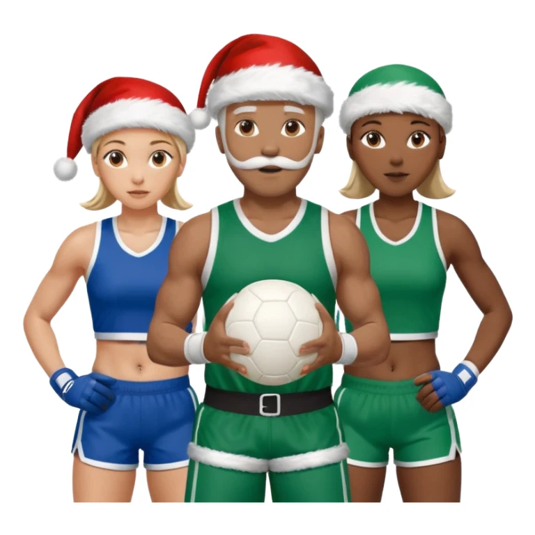 3 atletas, um homem no meio e duas mulheres com cores de pele diferentes, usando elementos esportivos, bola de futebol, luvas de luta e bola de vôlei. Coloque um chapéu de papai noel das cores verde e com roupas azul e branco sticker