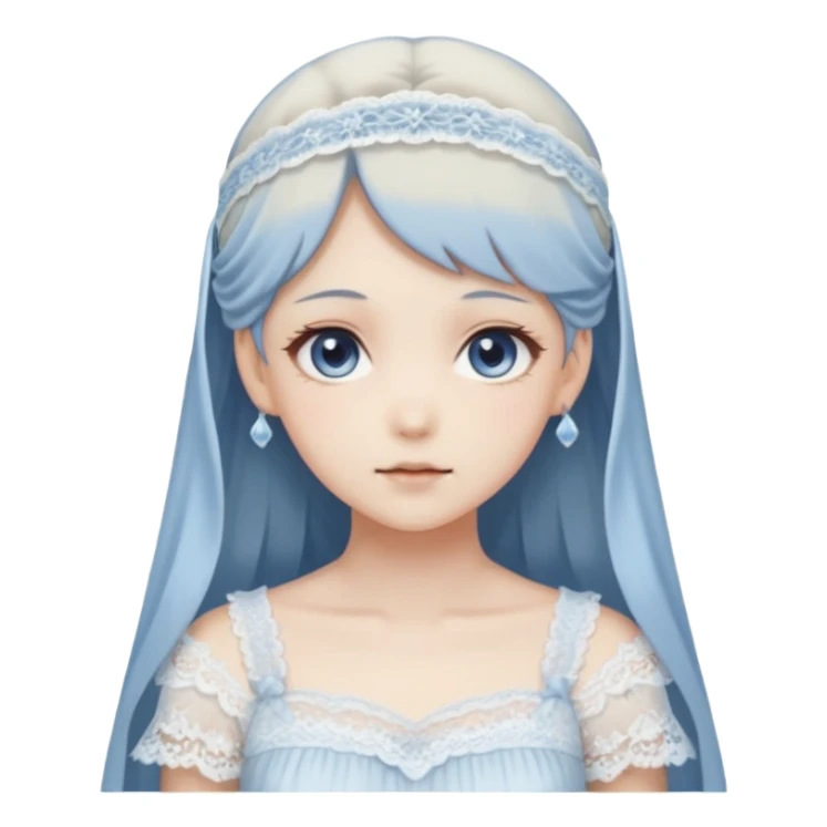 Beautiful ethereal pastel Gorgeous spectral dark greyish-blue whitish gloomy spectral Anime Poltergeist Lady  with a beautiful white silky lace dress with a silky lace head band sticker