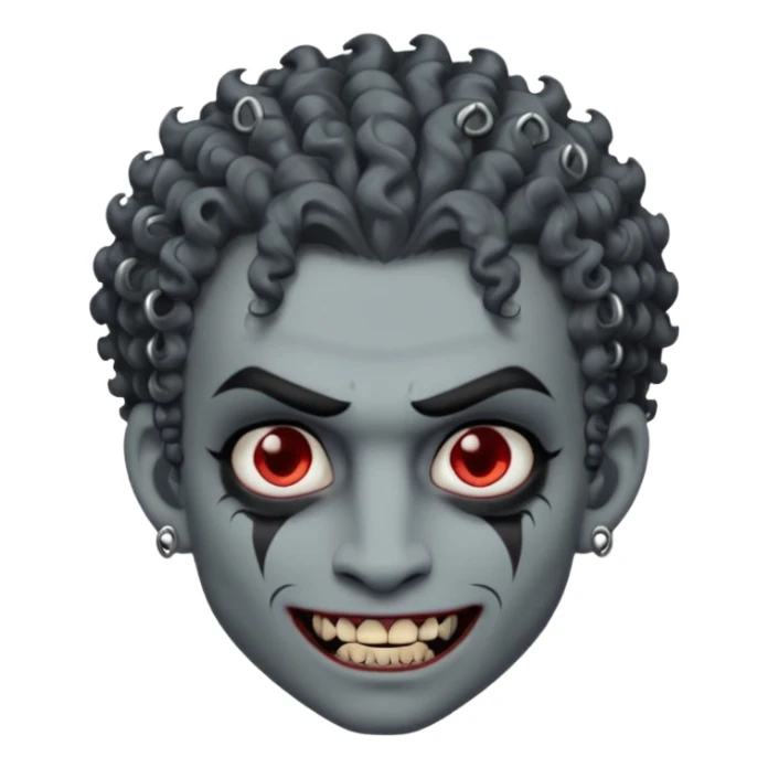 Vampire with grey skin, fanged teeth, piercings on eyebrow, two dermal piercings on cheek, and curly hair male sticker