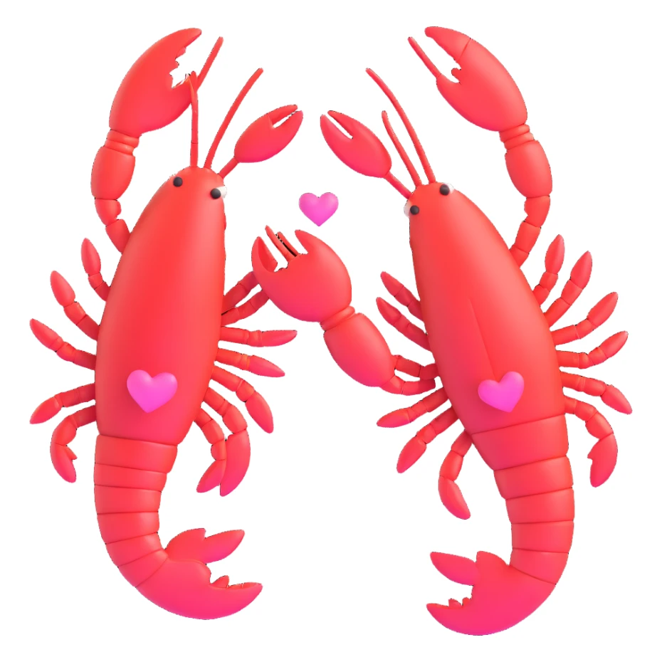 two lobsters in love holding claws with hearts floating above them sticker