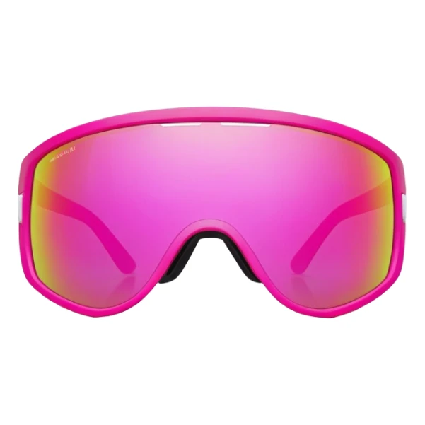 sporty pink shield visor sunglasses with robust thick frame, futuristic athletic design, substantial build, mirrored one-piece lens sticker