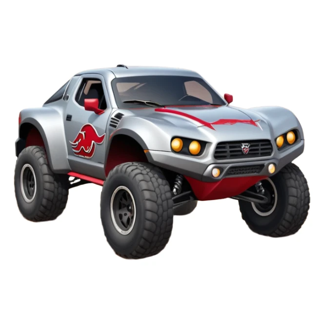 Satan’s (post race) Cabernet Dirty and dented Local Motors Rally Fighter off road race car hot rod trophy truck-style flying on a dusty road (silver wheels) sticker