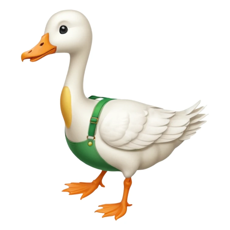 Make me an emoji of a goose that is running towards something. Also make it white. Make it have a very long neck like geese do.

Can you make the goose wear green suspenders sticker