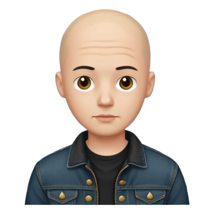  a young man with bald head, black jeans jacket sticker