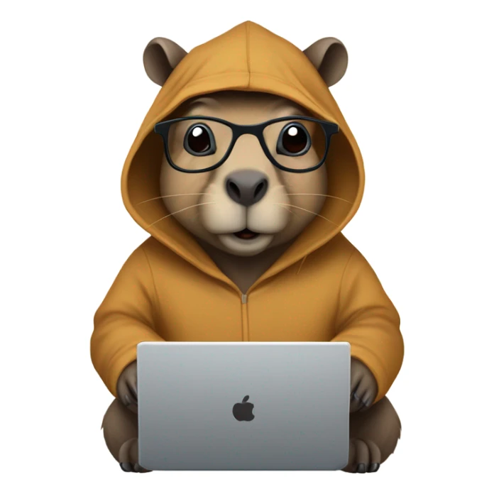 Nerdy cute capybara with its distinct large dark snout, big eyes, with glasses wearing a hoodie and coding on a laptop  sticker