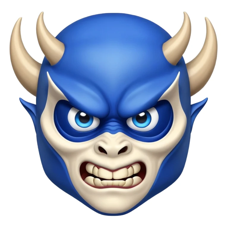 blue demon emoji face with big expressive eyes and curved horns sticker