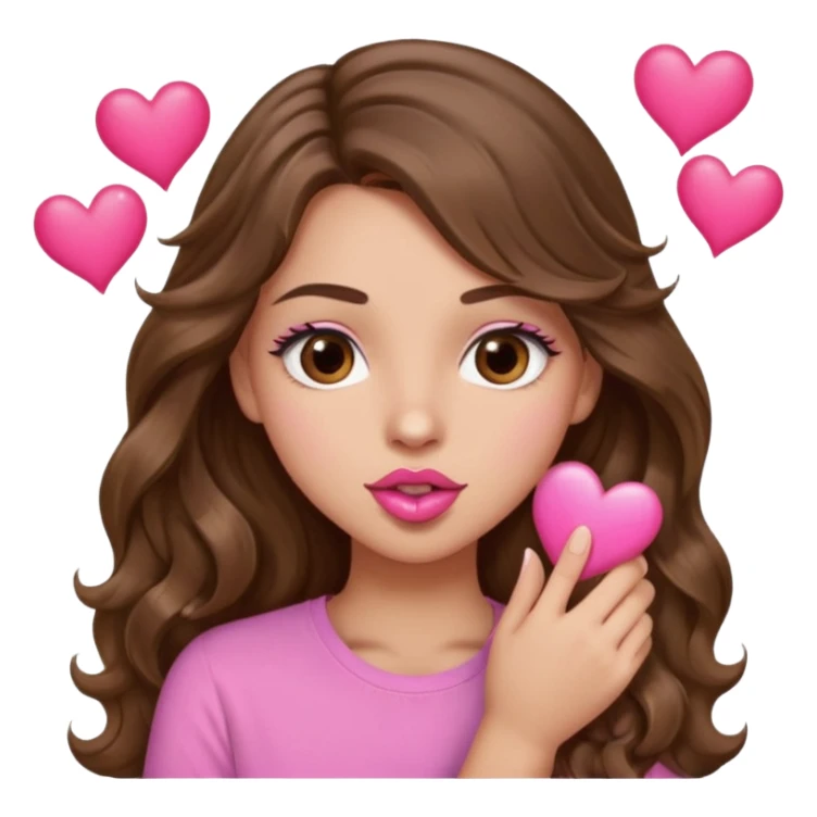 girl with long wavy brown hair, brown eyes, light to medium complexion, in a pink shirt, pink lips, long lashes, puckering up for a kiss, kiss lips and hearts in hand sticker