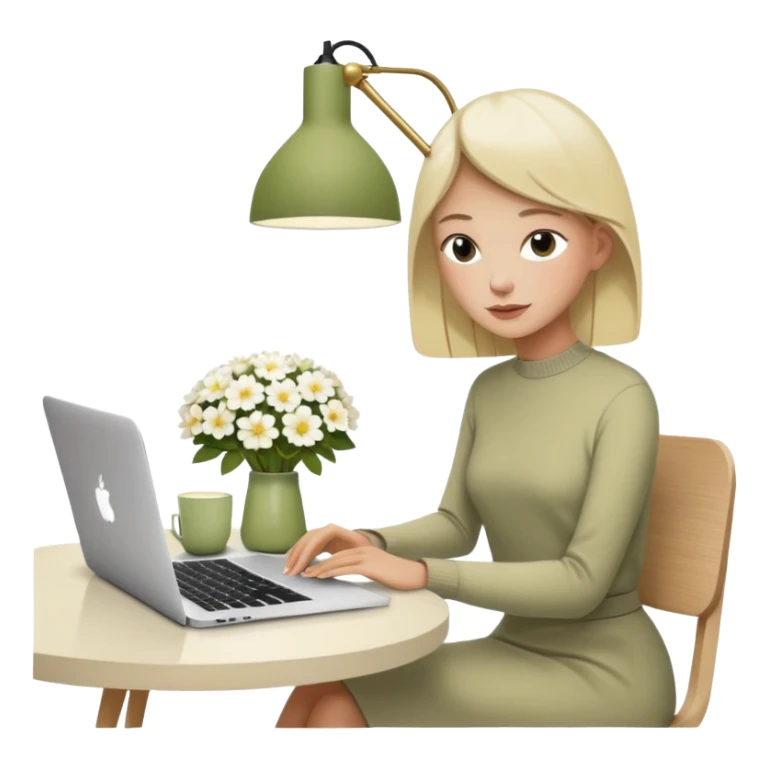 realistic macbook computer, fashion/interior magazines, flowers in a little vase, louis poulsen portable lamp with a dimmed cozy light and a iced matcha. very scandinavian aesthetic sticker