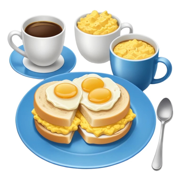 a blue plate with breakfast sandwiches and scrambled eggs and a cup of white coffee sticker