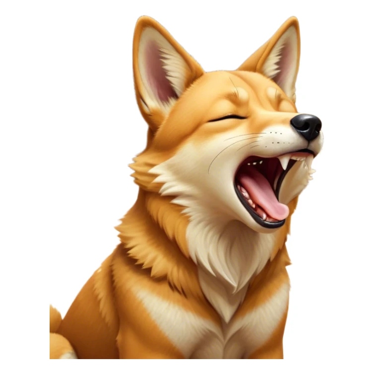 Cinematic Cute Yawning Dingo Portrait Emoji, Head tilted slightly with a dramatic, wide-open yawn, showcasing a soft, sandy fur with gently drooping ears and round amber eyes barely open in drowsy contentment, Simplified yet irresistibly adorable features, highly detailed, glowing with a soft, cozy glow, high shine, relaxed yet expressive, stylized with a touch of wild charm, bright and endearing, soft glowing outline, capturing the essence of a sleepy yet affectionate dingo, so drowsy it feels like it could stretch out of the screen and curl up for a nap! sticker