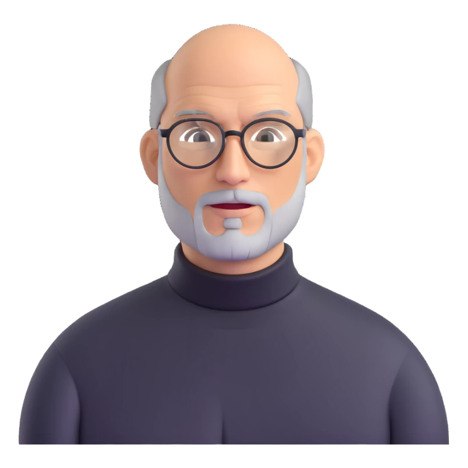 Steve Jobs with black turtleneck, round glasses, beard sticker