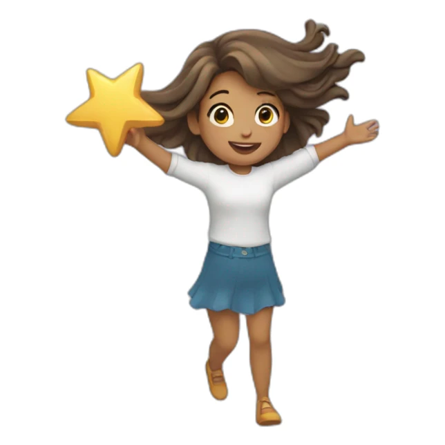 Girl with waving hair holding a star in hands while flying sticker
