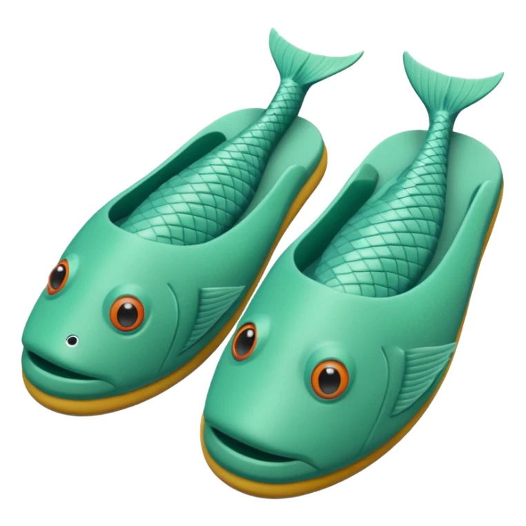 slightly green rubber pool slippers with carp eyes on the top and fish tail in the back sticker