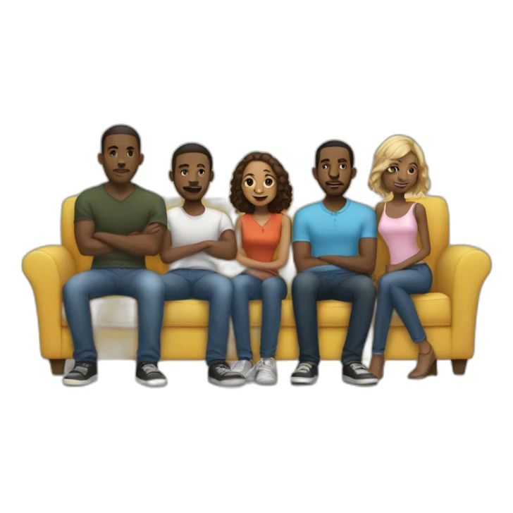 (five black men) standing around a light-skinned girl sitting on a sofa sticker