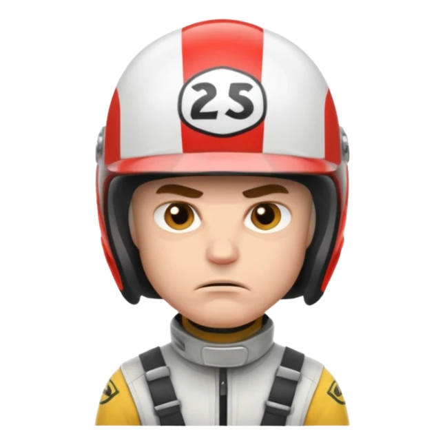 white male racer in helmet, crazy look, taking risks, very serious face, angry sticker