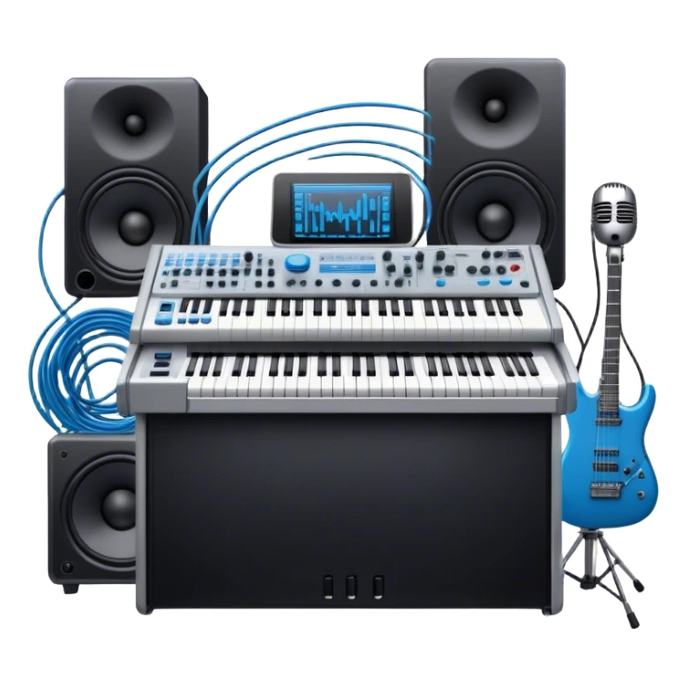 Create a professional and detailed emoji that represents sound design. The design should feature a high-end studio synthesizer (like the Korg), a sound mixing console with visible wires, large studio speakers, and a microphone to symbolize the essential equipment in sound design. Add musical note waves flowing around the equipment to emphasize the connection between sound creation and musical composition. Use sleek, modern colors like black, silver, and neon blue to represent the professional and futuristic nature of sound design. The background should be transparent. sticker
