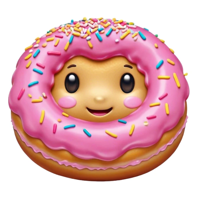 Cinematic tiny happy donut, round and fluffy, golden brown with pink icing and sprinkles, tiny adorable face with blushing cheeks, warm glowing background. sticker