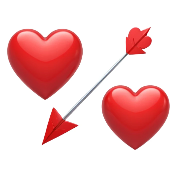 Apple-style 3D illustration of a glossy red heart pierced by a horizontal double-ended arrow. One end of the arrow has a small female symbol, the other end has a small male symbol. The heart is centered, shiny, with soft shadows, floating on a clean white background, minimal and emotional design sticker