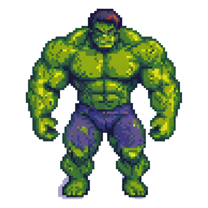 Add a pixel art city background behind Hulk flexing muscles, keep the style consistent with pixel art style. sticker