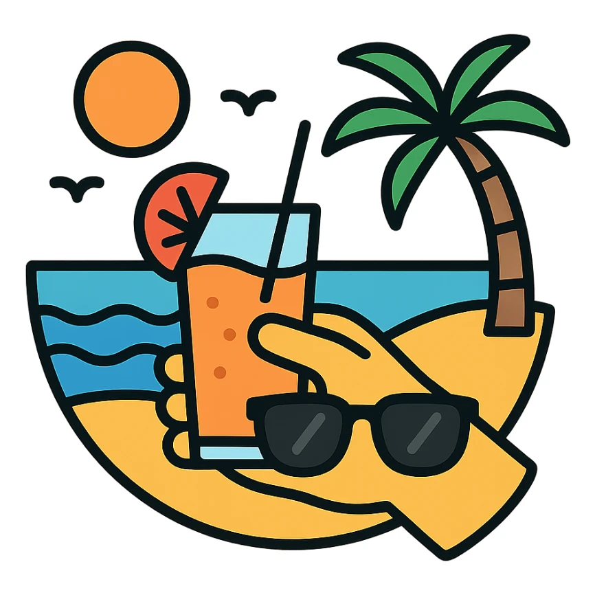 a hand with sunglasses holding a glass of fruit juice, beach background icon sticker