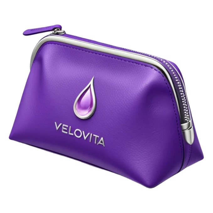 compact high-end purple supplement pouch with shiny silver highlights and simple droplet logo, VELOVITA RESERVE antioxidant product, contemporary premium look sticker