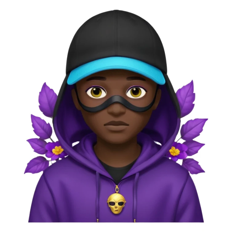 no visible face cartoon blacked character related to a shadow, with all black clothes, focusing a hoodie with his cap on, and a versace face mask covering his entire face, just his purple shadow eyes making a light bloom sticker