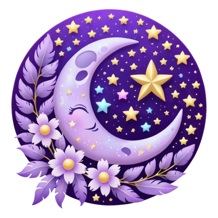 Beautiful poetic magical aesthetic sparkly glittery shiny pretty floating pastel lilac lavender Violet moon and flowers and leaves and feathers and sparkles and stars aesthetic deco sticker