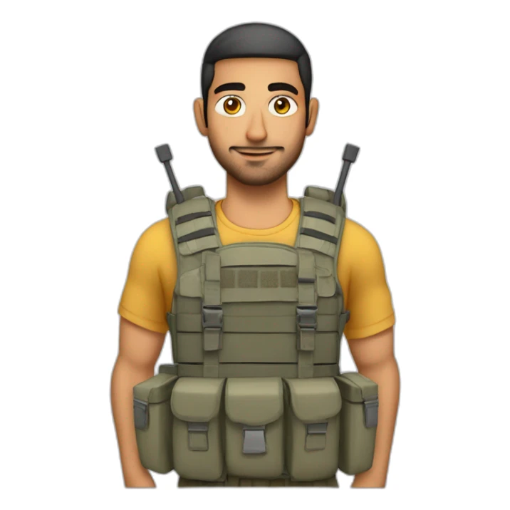 arab man wearing a large plate carrier with electrical wires connecting pockets and single analog clock on a pocket sticker