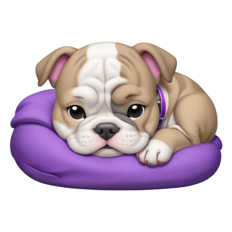 grey and white bulldog puppy sleeping with a purple collar on sticker